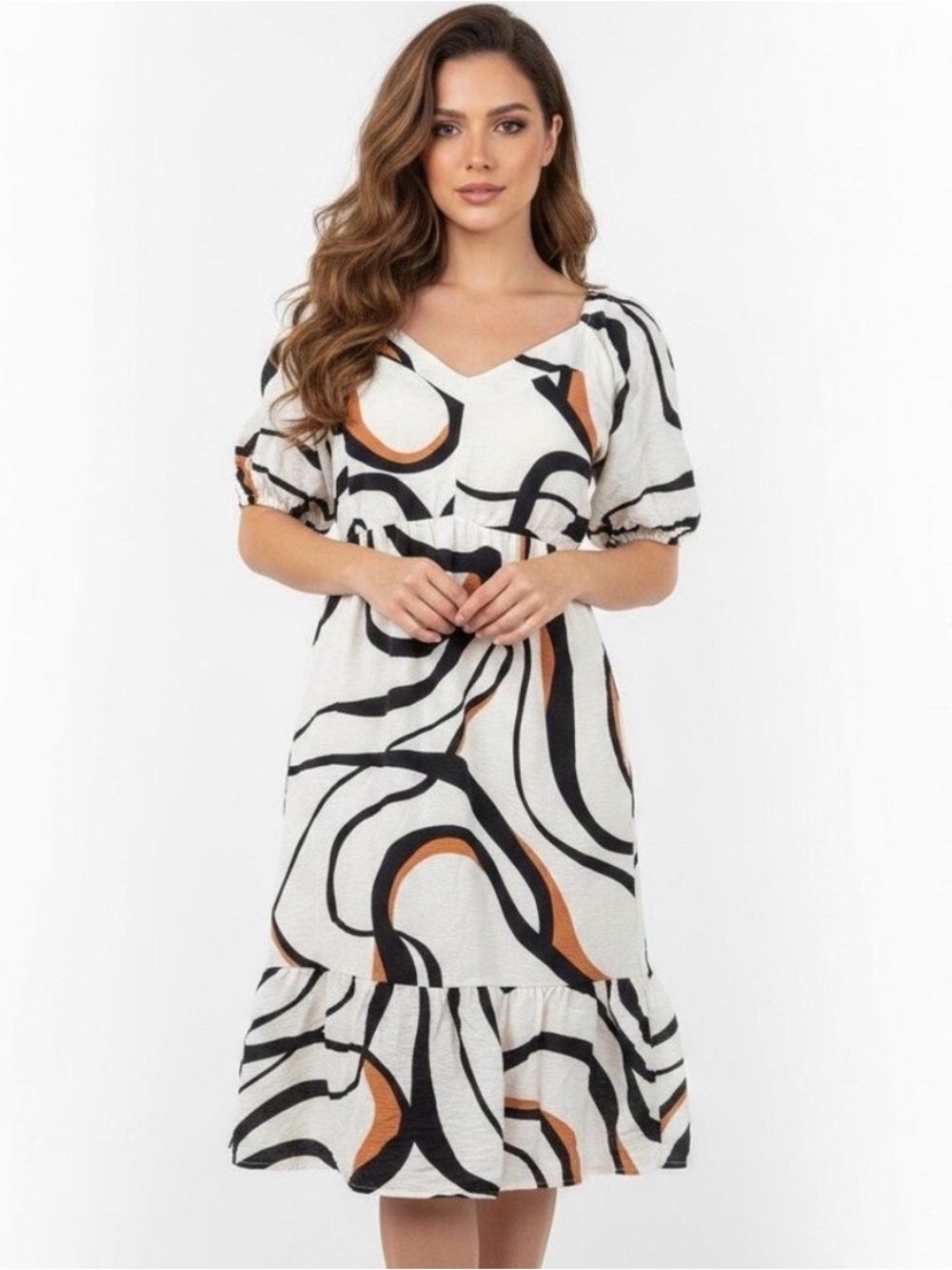 Nine West White Midi Dress with Black and Tan Abstract Swirl in Medium